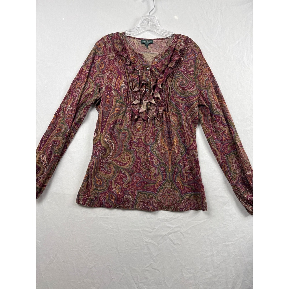 Lauren Ralph Lauren Paisley Ruffle Top Womens XL Burgundy Long Sleeve Cotton